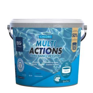 CHLORE MULTIACTIONS – GALETS 135G EDG  BY AQUALUX SEAU 2,7 KG NON COMBURANT – SANS SULFATE DE CUIVRE