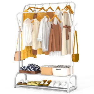 Portant a vetement double avec 2 niveaux etageres chaussures 4 Crochets Lateraux 108x35x145cm metal Blanc