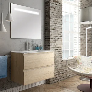 Meuble de salle de bain 60cm simple vasque - 2 tiroirs - BALEA et miroir Led STAM