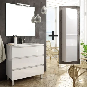 Ensemble meuble de salle de bain 60cm simple vasque + colonne de rangement PALMA