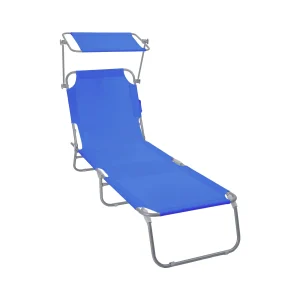 Chaise longue pliante avec pare soleil bleu